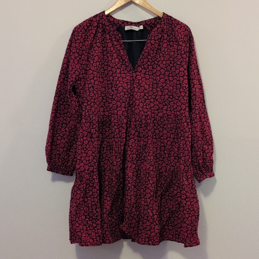 Vineyard Vines Floral Red And Navy Tiered Dress, NWOT, L